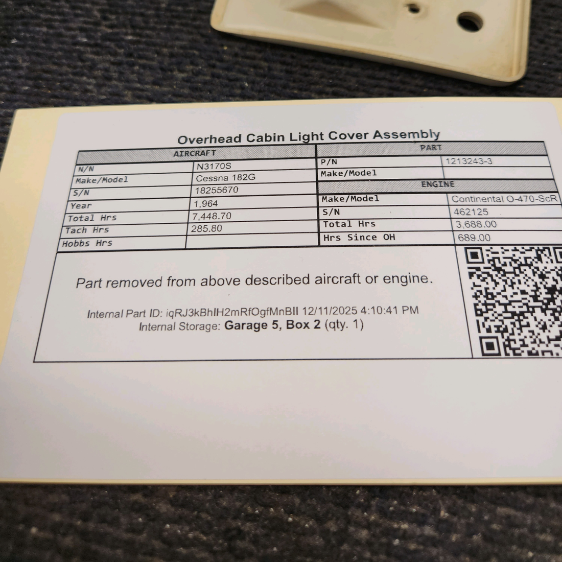 Used aircraft parts for sale, 1213243-3 Cessna 182G Overhead Cabin Light Cover Assembly