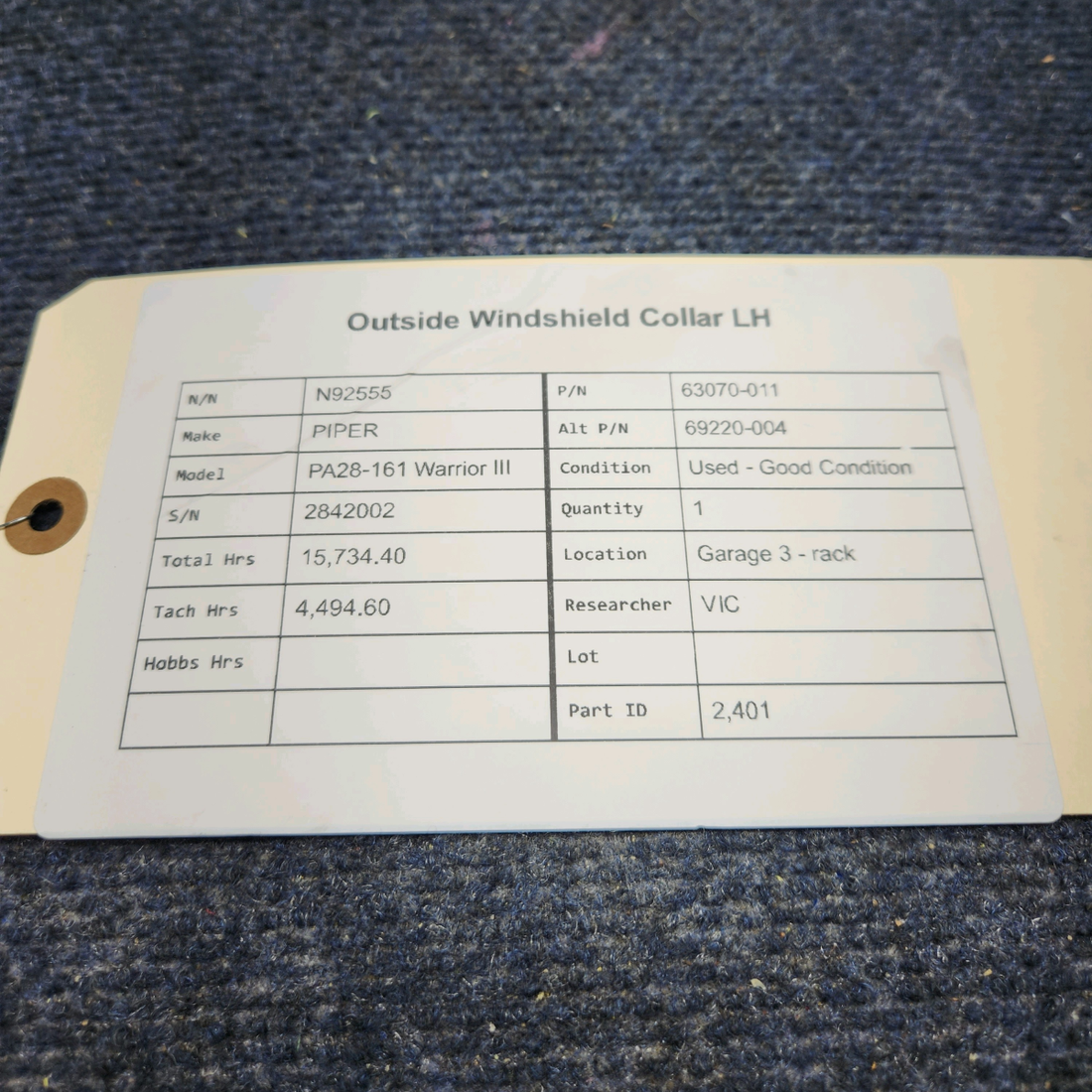 Used aircraft parts for sale, 63070-011 PIPER PA28-161 Warrior III OUTSIDE WINDSHIELD COLLAR LH