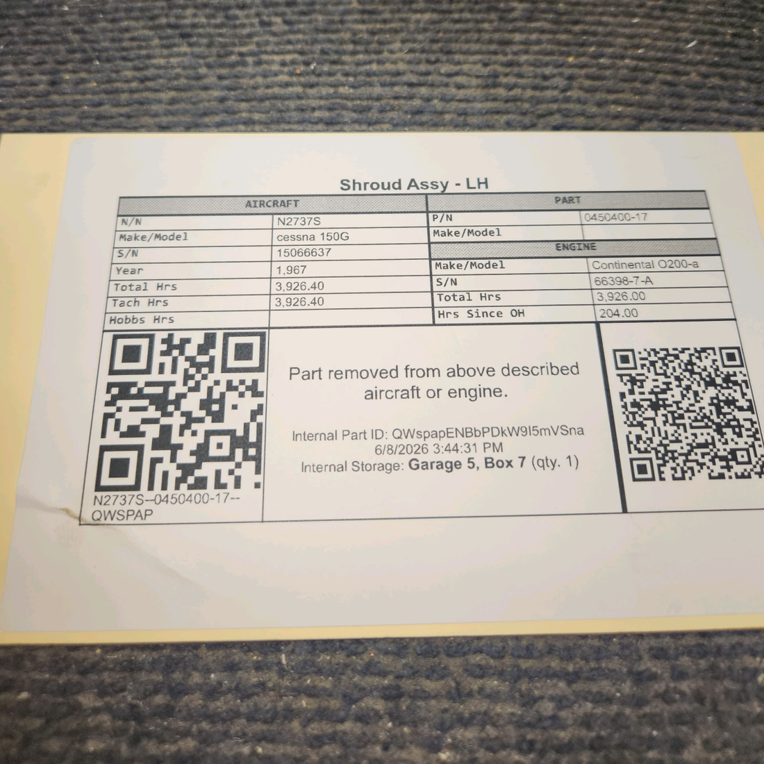 Used aircraft parts for sale, 0450400-17 cessna 150G Shroud Assy - LH