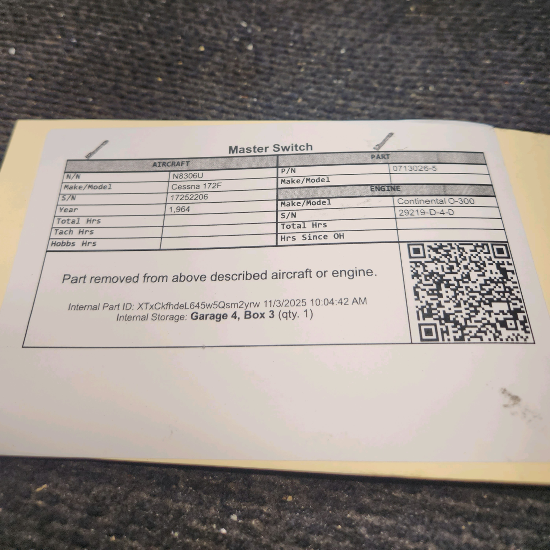 Used aircraft parts for sale, 0713026-5 Cessna 172F Master Switch