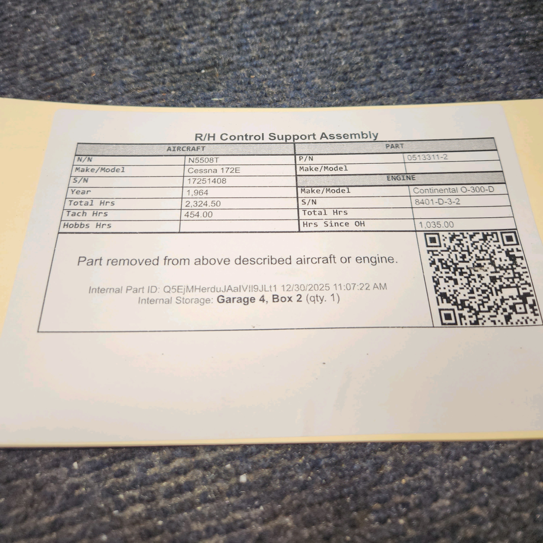 Used aircraft parts for sale, 0513311-2 Cessna 172E Control Support Assembly - RH