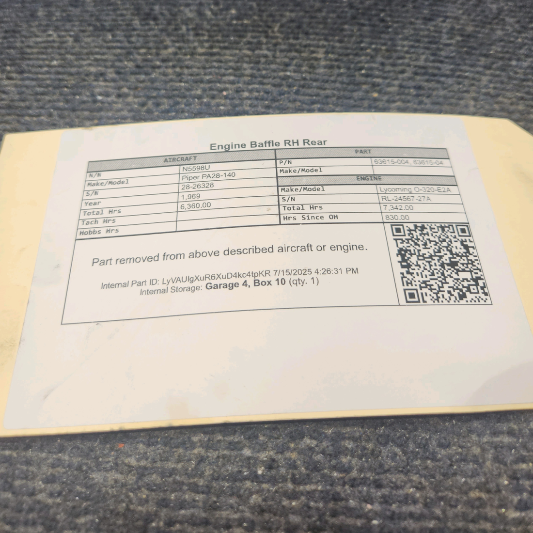 Used aircraft parts for sale, 63615-004 Lycoming O-320 Piper PA28-140 Engine Baffle RH Rear