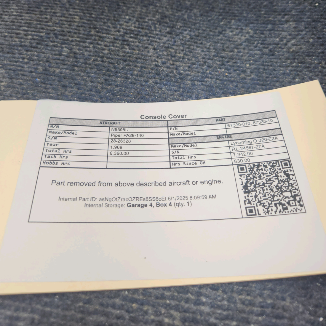 Used aircraft parts for sale, 67330-010 Piper PA28-140 Console Cover