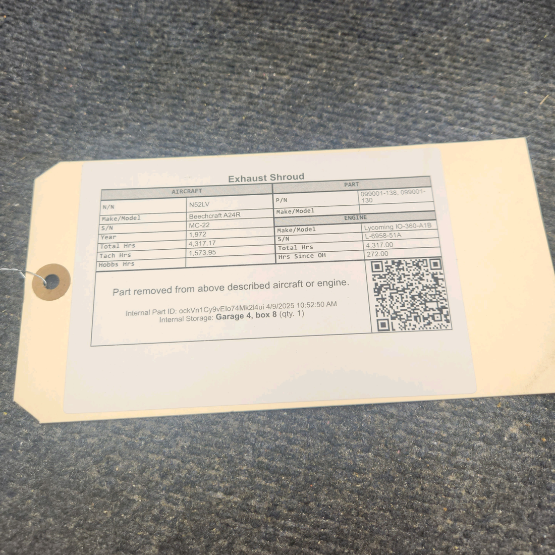 Used aircraft parts for sale, 099001-138 Beechcraft A24R Exhaust shroud