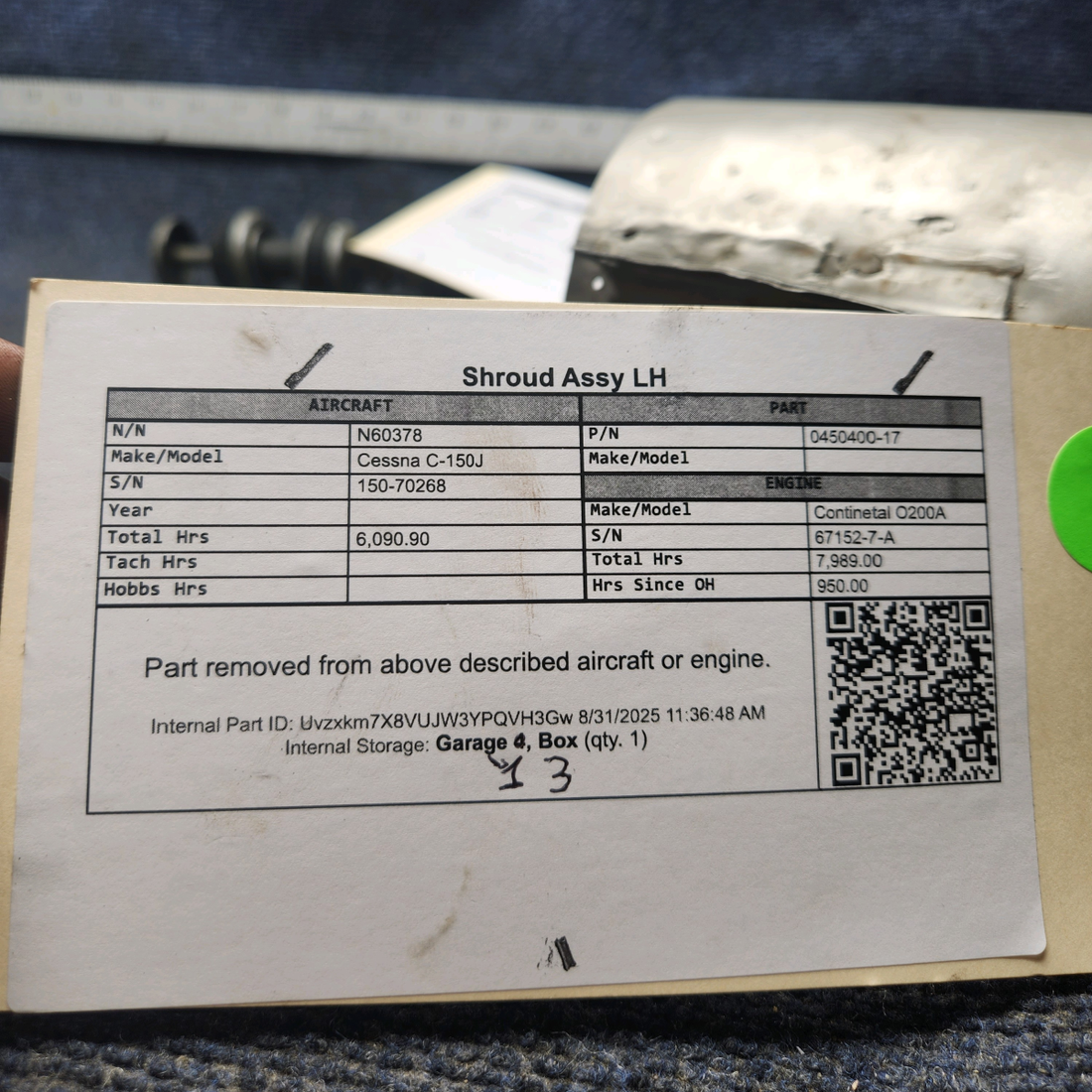 Used aircraft parts for sale, 0450400-17 Continental O-200 Cessna C-150J Shroud Assy - LH