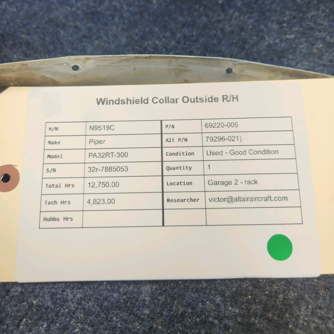Used aircraft parts for sale, 69220-005 Piper PA32RT-300 WINDSHIELD COLLAR OUTSIDE R/H