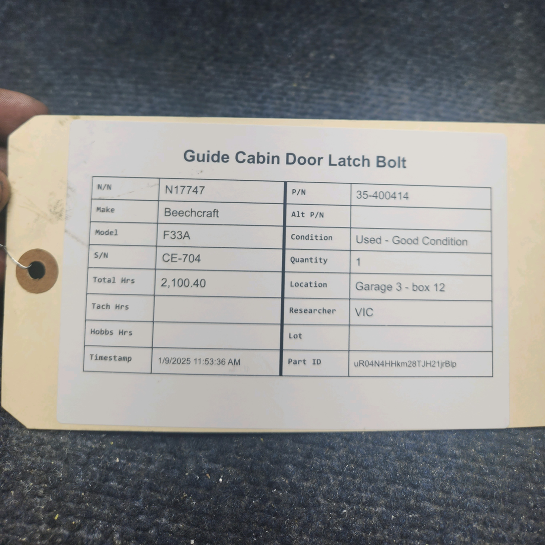 Used aircraft parts for sale, 35-400414 Beechcraft F33A GUIDE CABIN DOOR LATCH BOLT