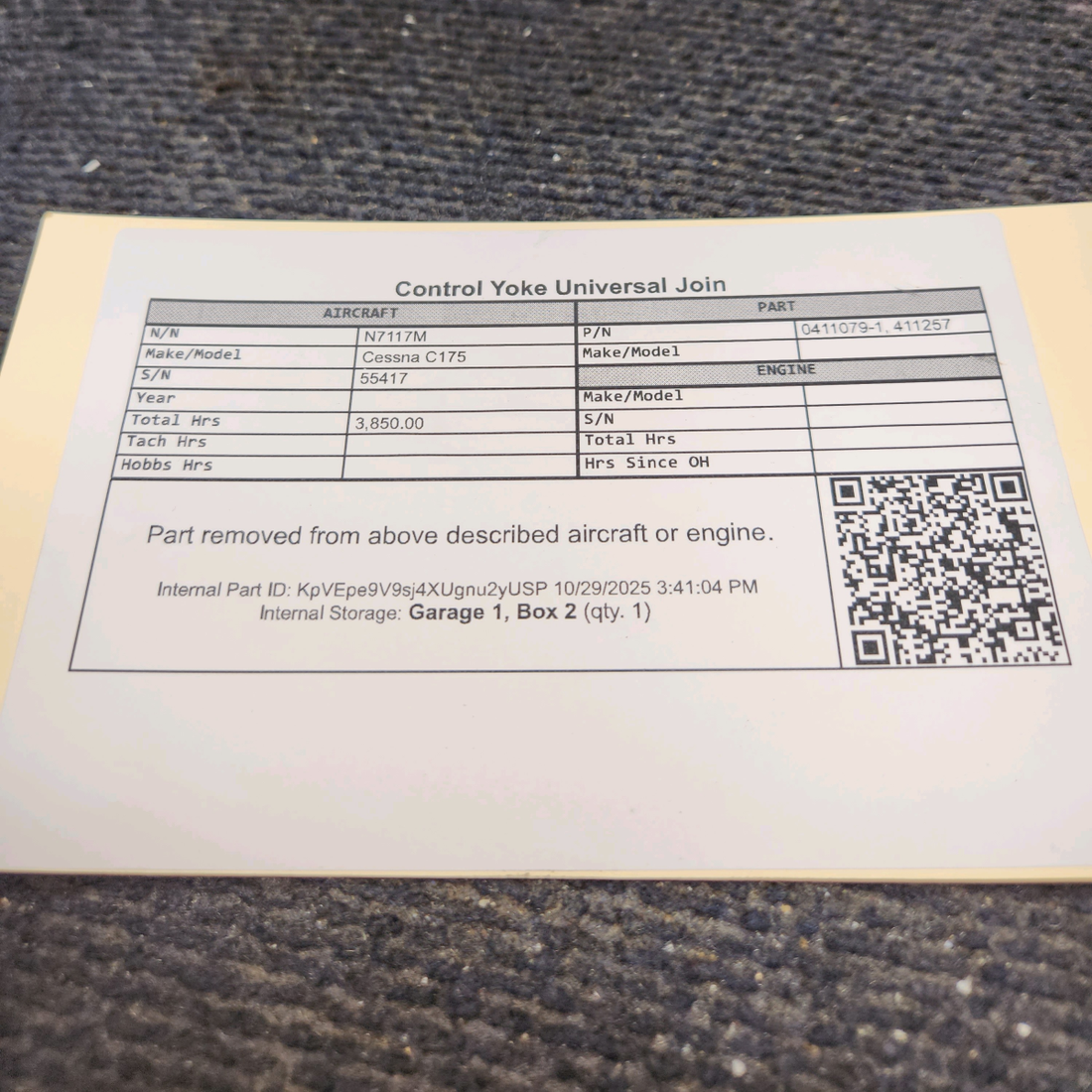 Used aircraft parts for sale, 0411079-1 Cessna C175 Control Yoke Universal Join