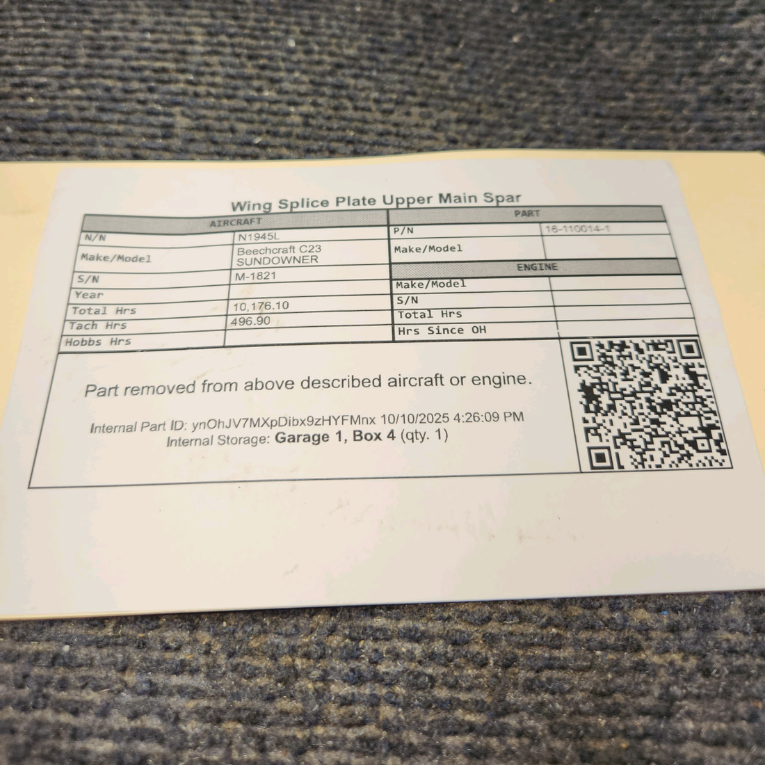 Used aircraft parts for sale, 169-110014-1 Beechcraft C23 SUNDOWNER Wing Splice Plate Upper Main Spar