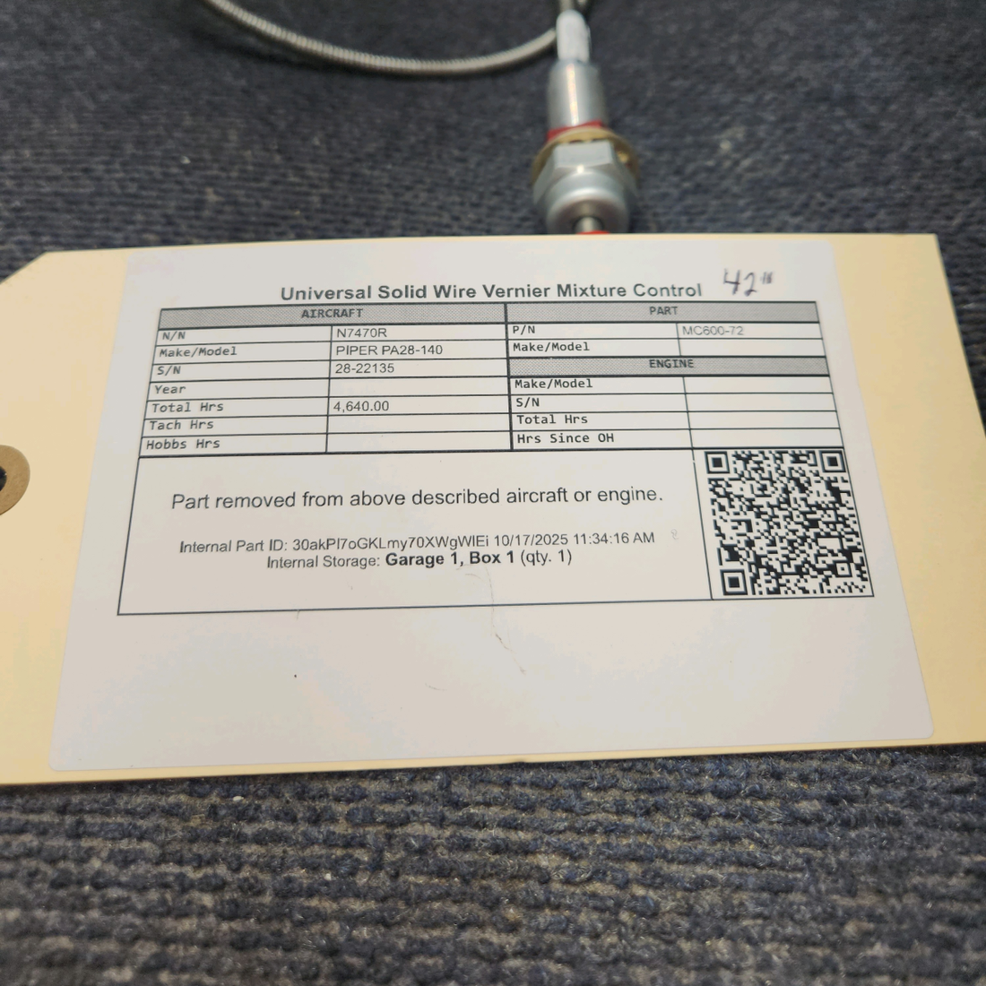 Used aircraft parts for sale, MC600-72 PIPER PA28-140 Universal Solid-Wire Vernier Mixture Control – 42"
