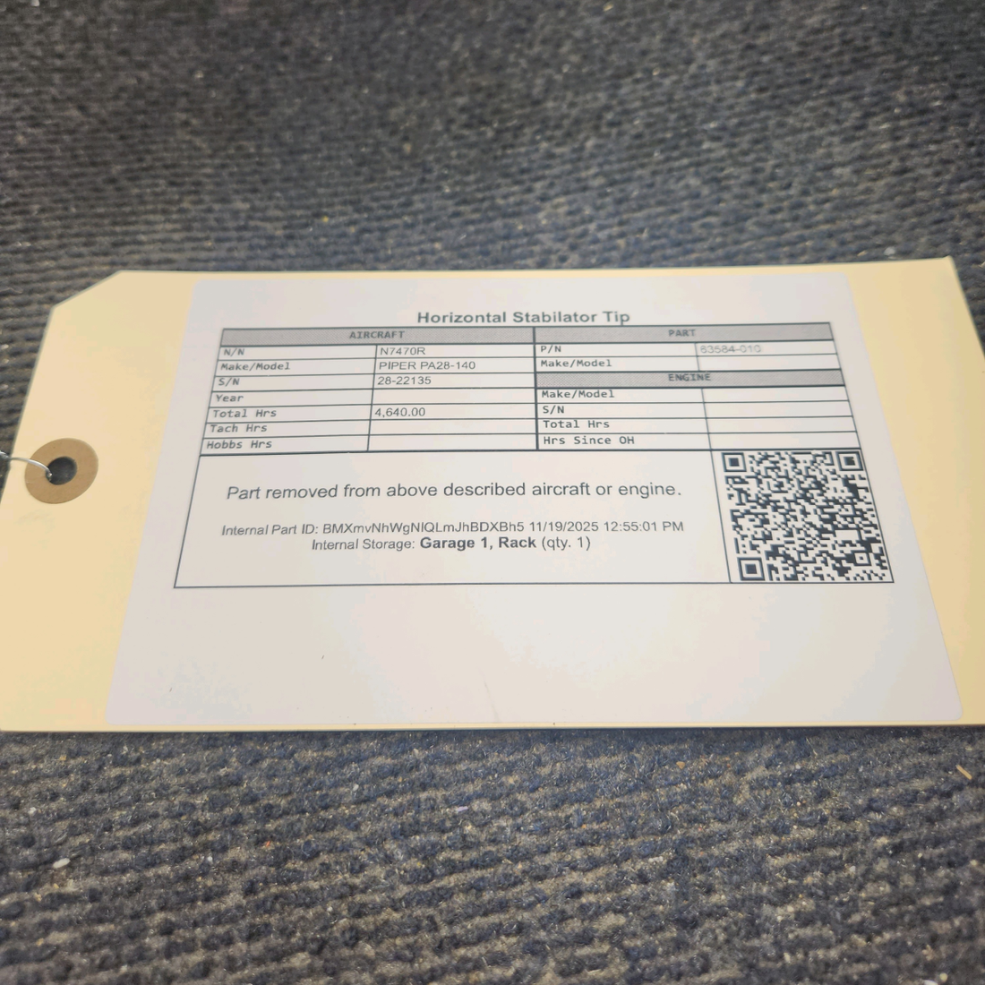 Used aircraft parts for sale, 63584-010 Piper PA28-140 Horizontal Stabilator Tip