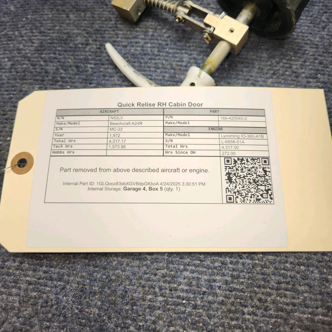 Used aircraft parts for sale, 169-420040-12 Beechcraft A24R Quick Release RH Cabin Door