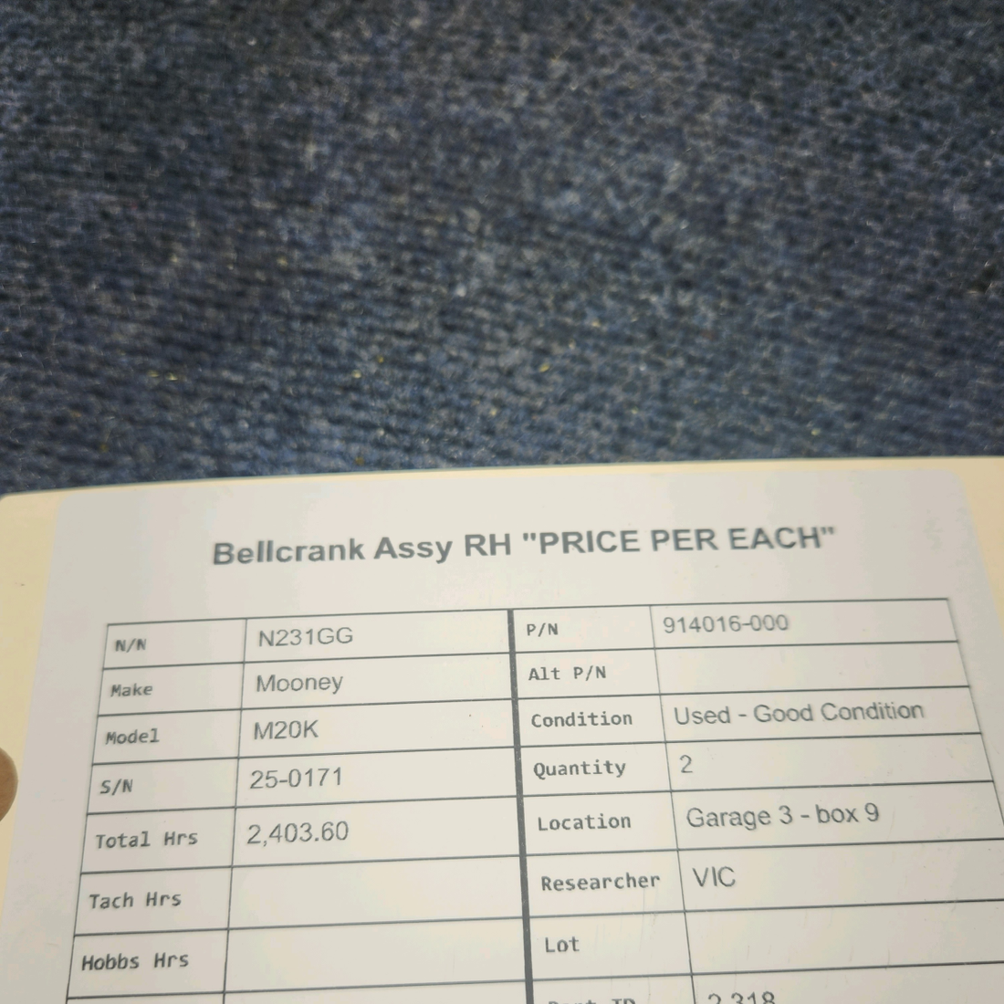 Used aircraft parts for sale, 914016-000 Mooney M20K BELLCRANK ASSY RH "PRICE PER EACH"
