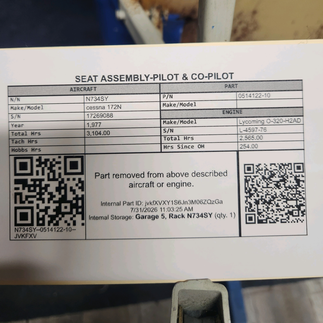 Used aircraft parts for sale, 0514122-10 cessna 172N Pilot & Co-Pilot Seat Assembly