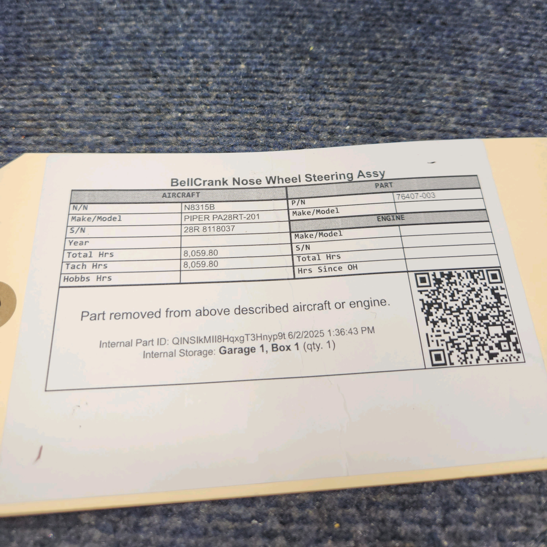 Used aircraft parts for sale, 76407-003 PIPER PA28RT-201 BellCrank Nose Wheel Steering Assy