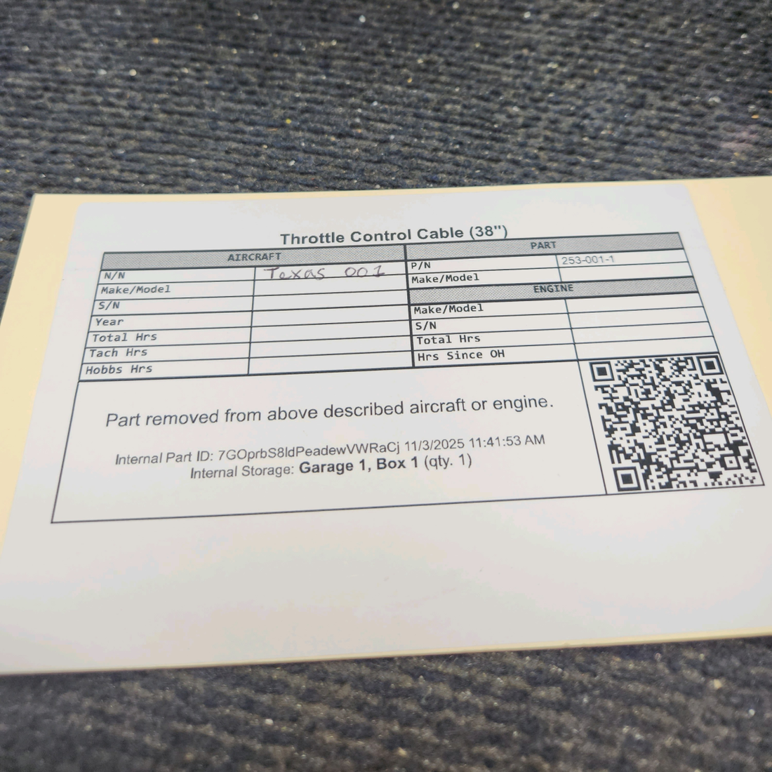 Used aircraft parts for sale, 253-001-1 Mooney M20C Throttle Control Cable (38")