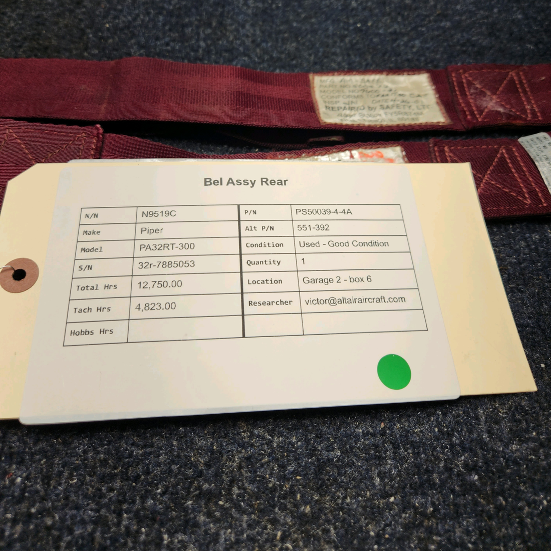 Used aircraft parts for sale, PS50039-4-4A Piper PA32RT-300 SEAT BELT ASSY REAR