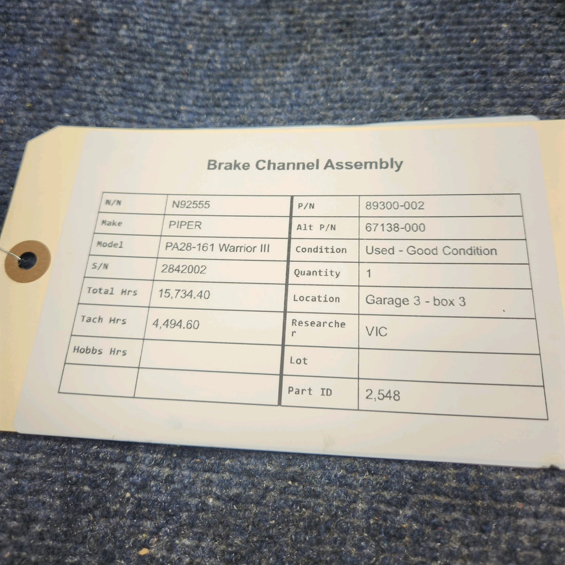 Used aircraft parts for sale, 89300-002 PIPER PA28-161 Warrior III BRAKE CHANNEL ASSEMBLY