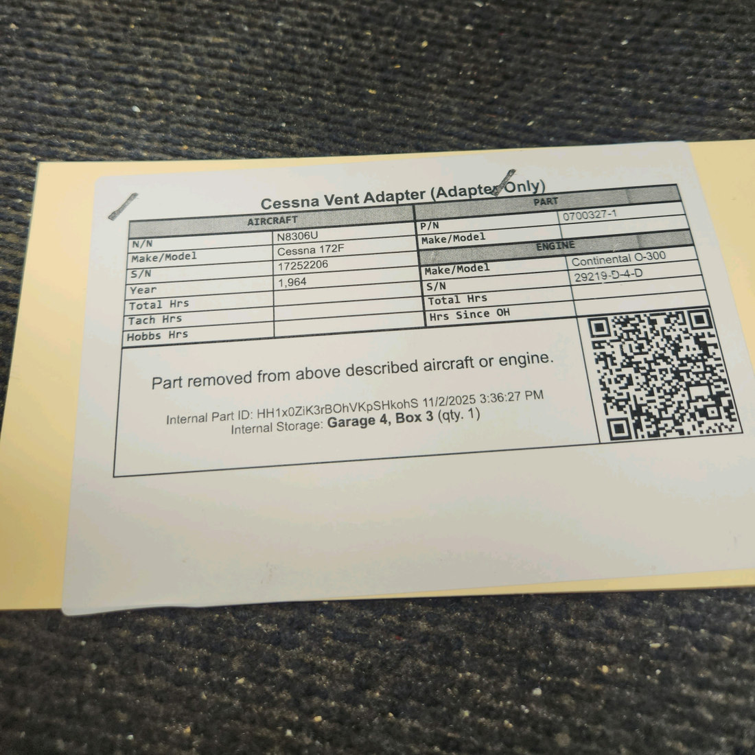 Used aircraft parts for sale, 0700327-1 Cessna 172F Cessna Vent Adapter (Adapter Only)