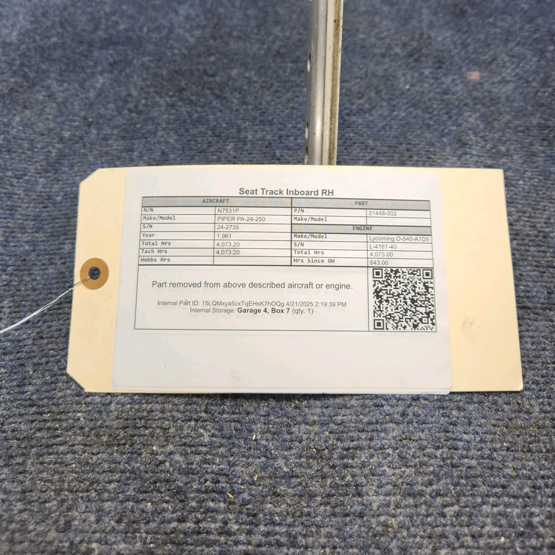 Used aircraft parts for sale, 21448-002 PIPER PA-24-250 Seat Track Inboard RH