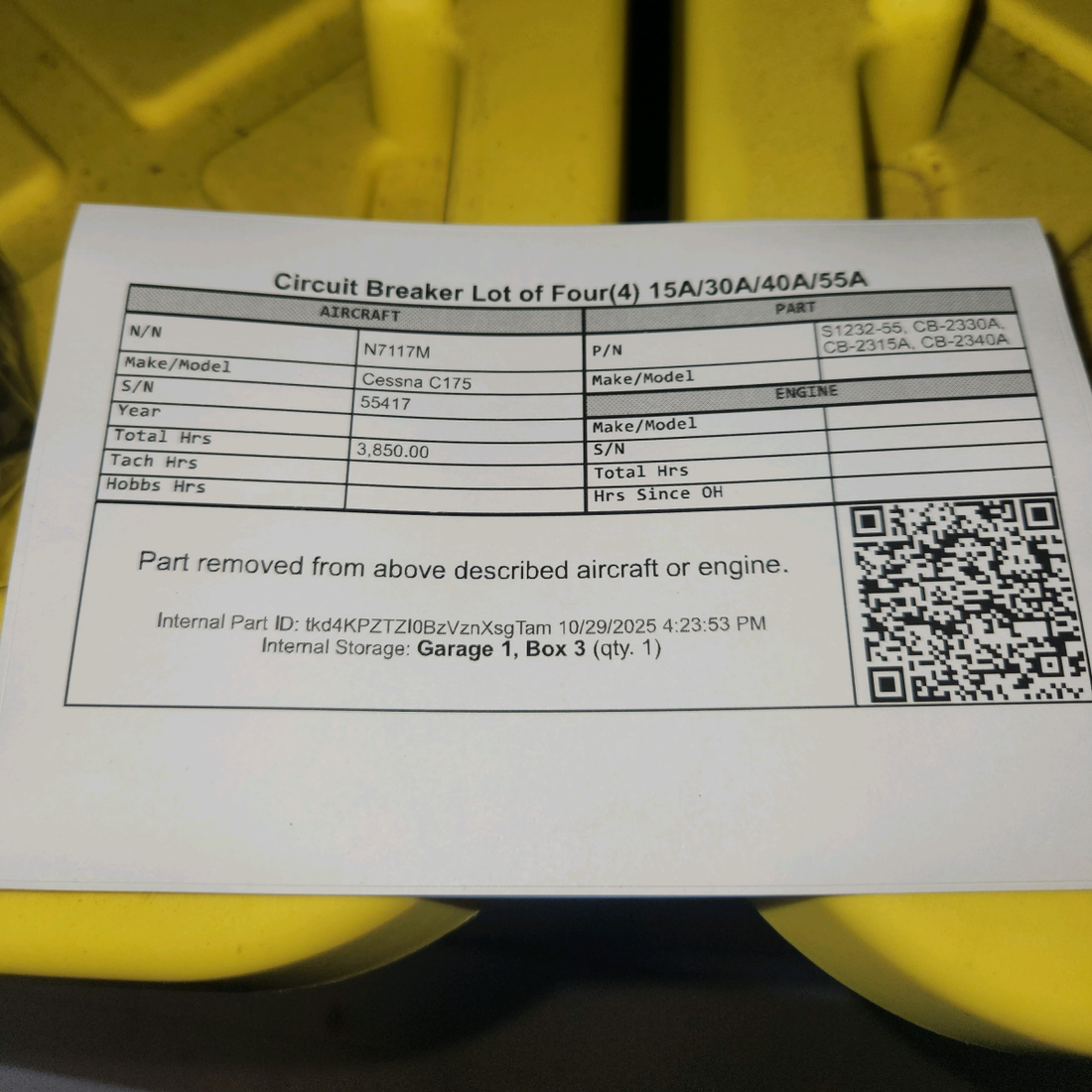 Used aircraft parts for sale, S1232-55, CB-2330A, CB-2315A, CB-2340A Cessna C175 Circuit Breaker Lot of Four(4) 15A/30A/40A/55A