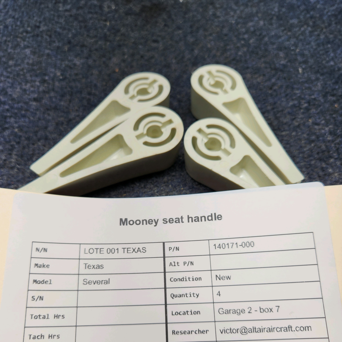 Used aircraft parts for sale, 140171-000 Mooney Texas Several SEAT HANDLE.  PRICE PER EACH.