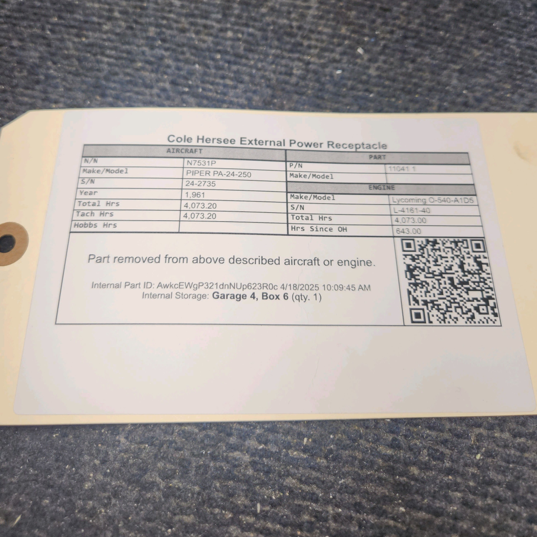 Used aircraft parts for sale, 11041 1 PIPER PA-24-250 Cole Hersee External Power Receptacle
