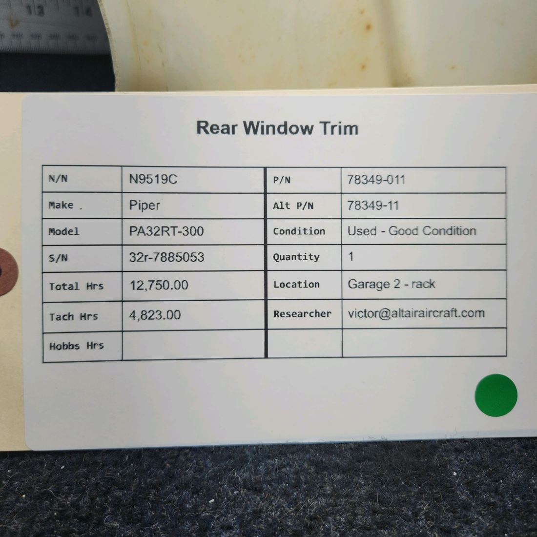 Used aircraft parts for sale, 78349-011 Piper PA32RT-300 REAR WINDOW TRIM