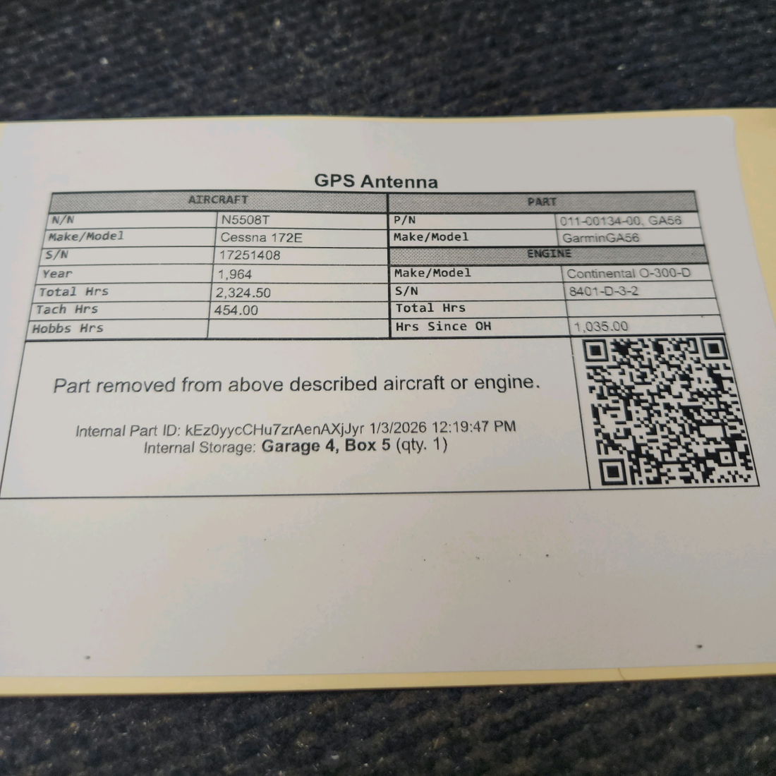 Used aircraft parts for sale, 011-00134-00 Garmin GA56 Cessna 172E GPS Antenna