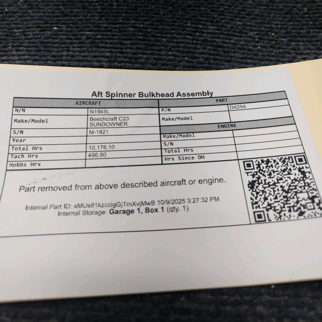 Used aircraft parts for sale, D4254 Beechcraft C23 SUNDOWNER Aft Spinner Bulkhead Assembly