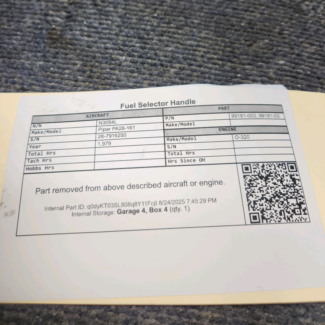 Used aircraft parts for sale, 99181-003 Piper PA28-161 Fuel Selector Handle