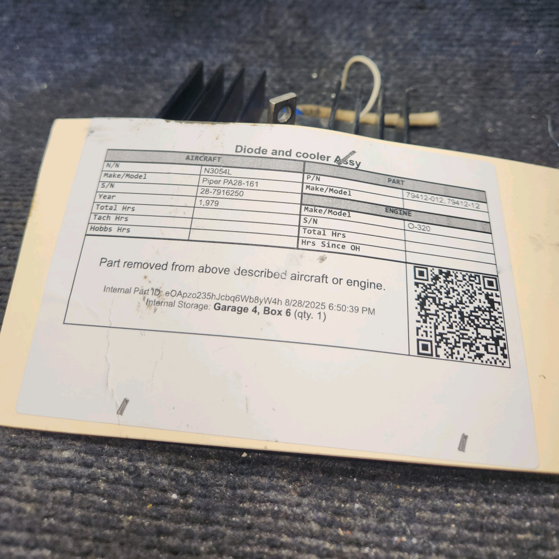 Used aircraft parts for sale, 79412-012 Piper PA28-161 Diode and Cooler Assembly