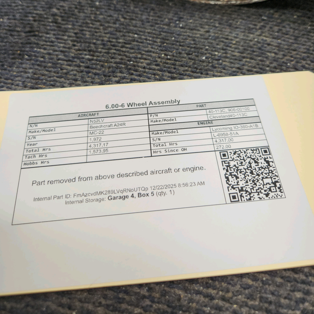 Used aircraft parts for sale, 40-113C Cleveland 40-113C Beechcraft A24R 6.00-6 Wheel Assembly