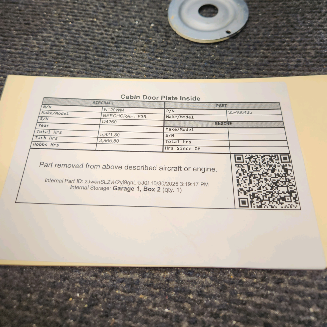 Used aircraft parts for sale, 35-400435 BEECHCRAFT F35 Cabin Door Interior Plate