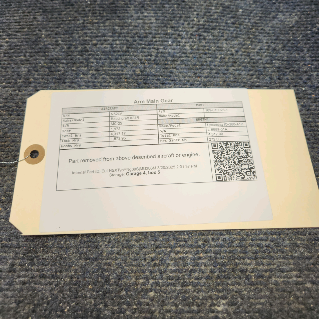 Used aircraft parts for sale, 169-810028-1 Beechcraft A24R Arm Main Gear