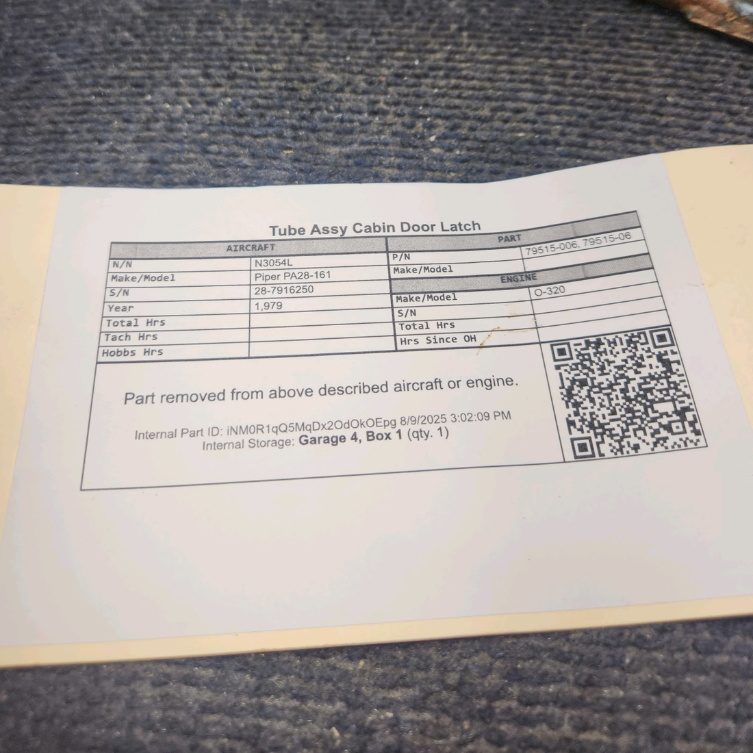 Used aircraft parts for sale, 79515-006 Piper PA28-161 Tube Assy Cabin Door Latch