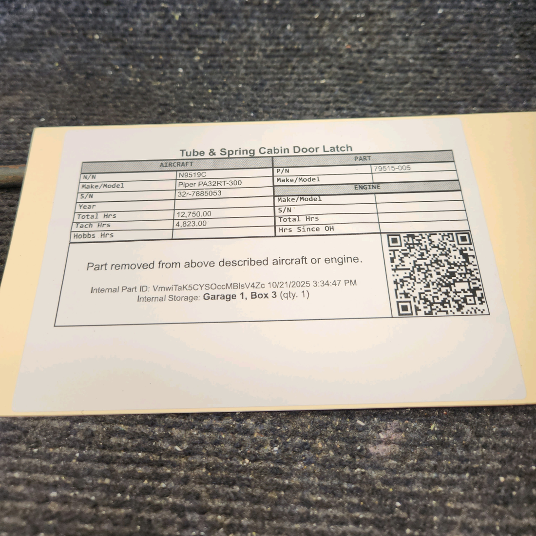 Used aircraft parts for sale, 79515-005 Piper PA32RT-300 Cabin Door Latch Tube Assembly