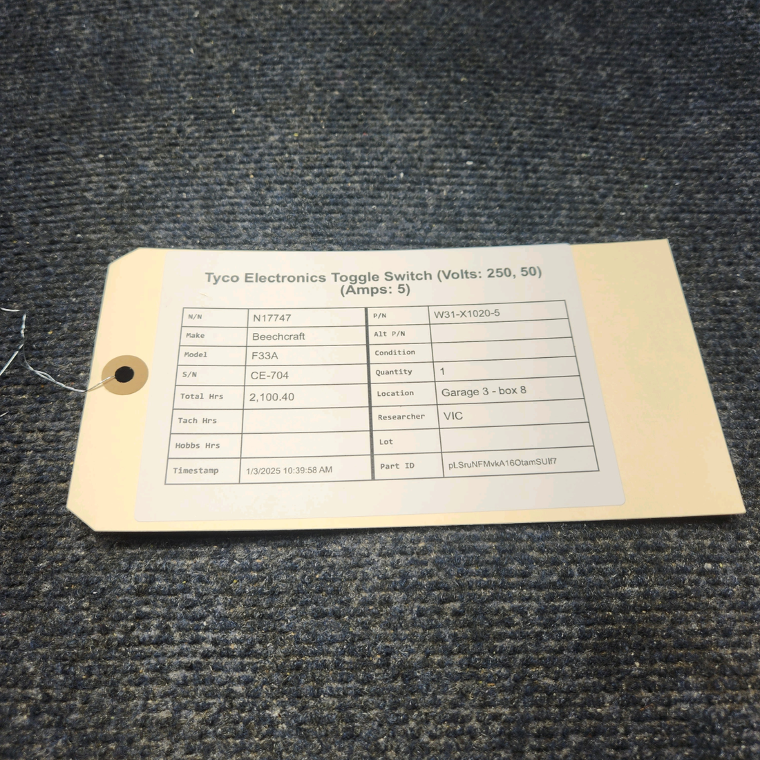 Used aircraft parts for sale, W31-X1020-5 Beechcraft F33A TYCO ELECTRONICS TOGGLE SWITCH (VOLTS: 250, 50) (AMPS: 5)