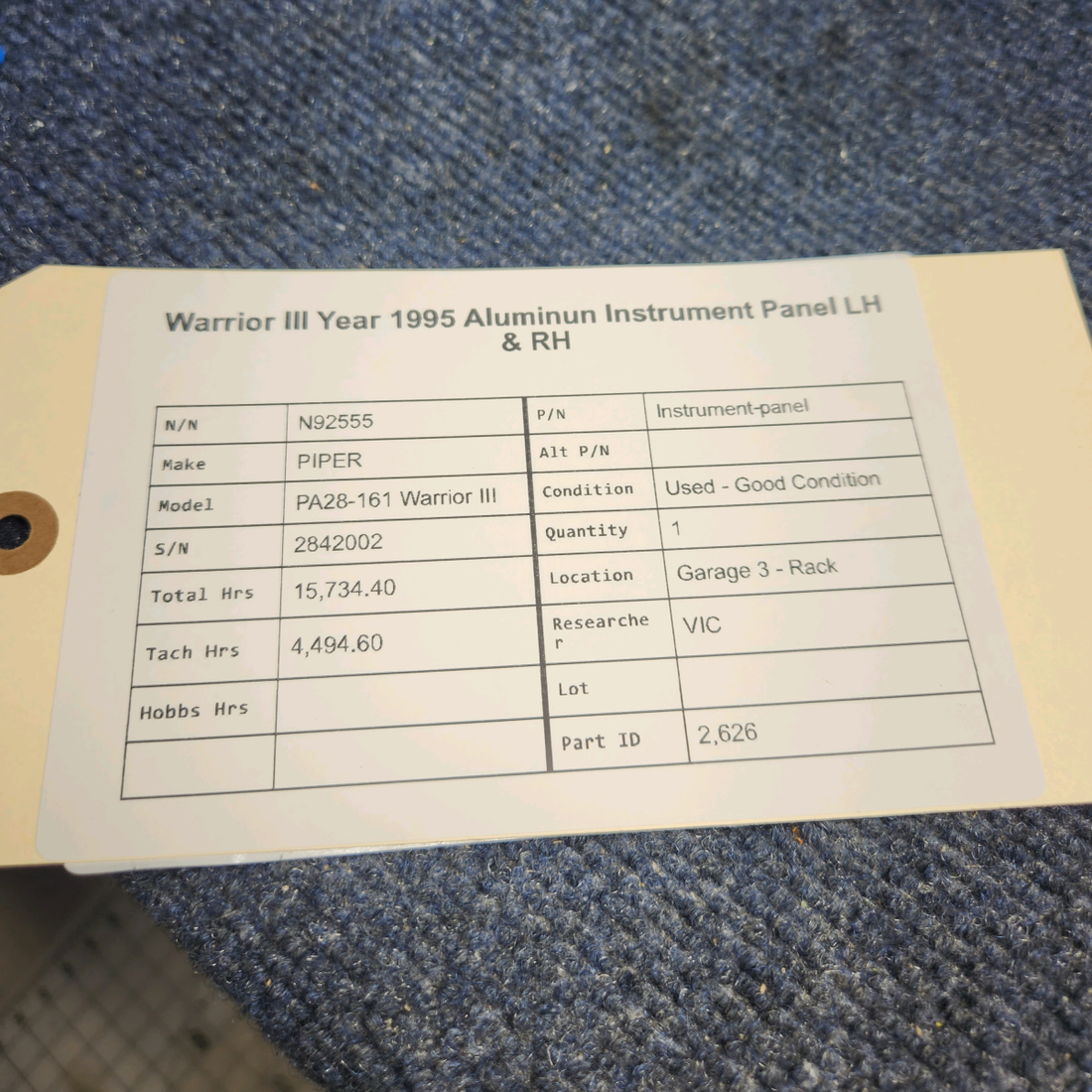 Used aircraft parts for sale, Instrument-panel PIPER PA28-161 Warrior III 1995 ALUMINUM INSTRUMENT  PANEL LH & RH