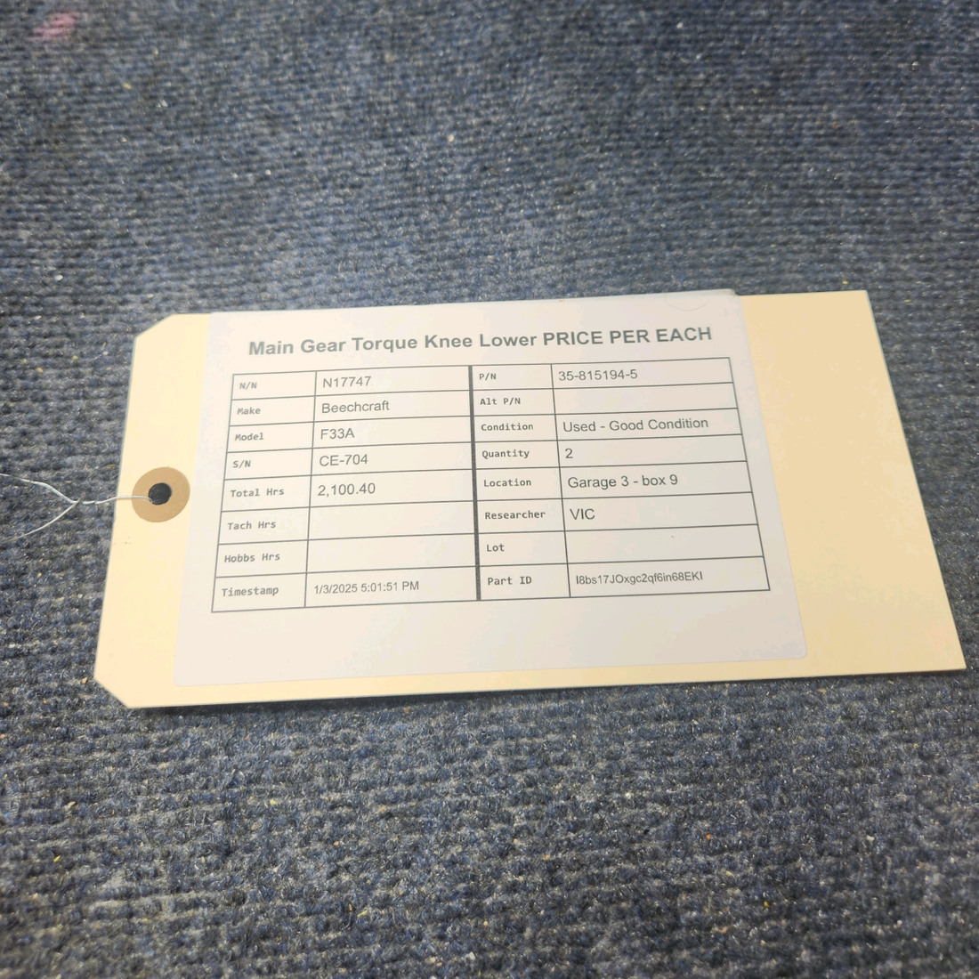 Used aircraft parts for sale, 35-815194-5 Beechcraft F33A MAIN GEAR TORQUE KNEE LOWER PRICE PER EACH