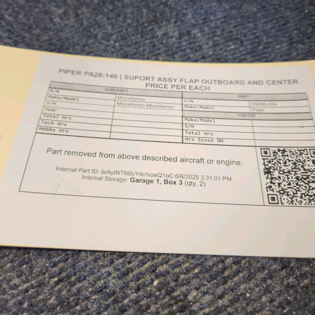 Used aircraft parts for sale, 65898-004 Piper PA28-140 SUPORT ASSY FLAP OUTBOARD AND CENTER PRICE PER EACH