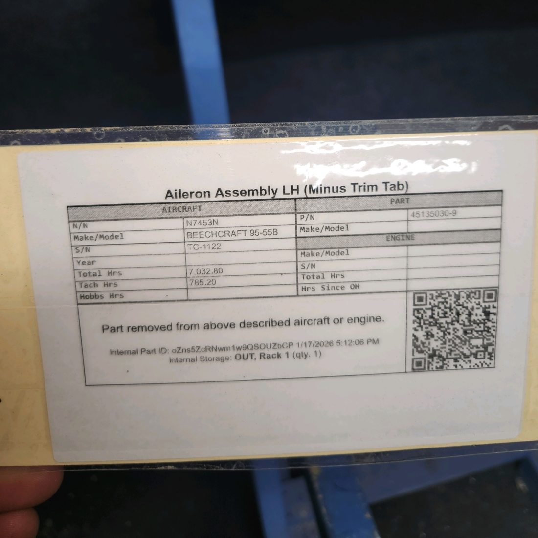 Used aircraft parts for sale, 45135030-9 BEECHCRAFT 95-55B Aileron Assembly LH (Minus Trim Tab)
