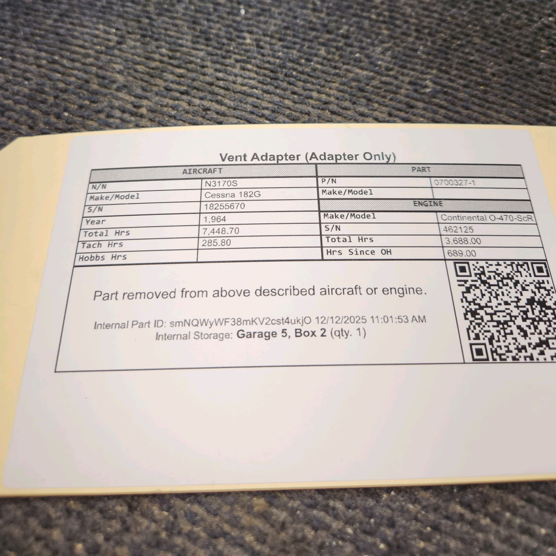 Used aircraft parts for sale, 0700327-1 Cessna 182G Vent Adapter (Adapter Only)