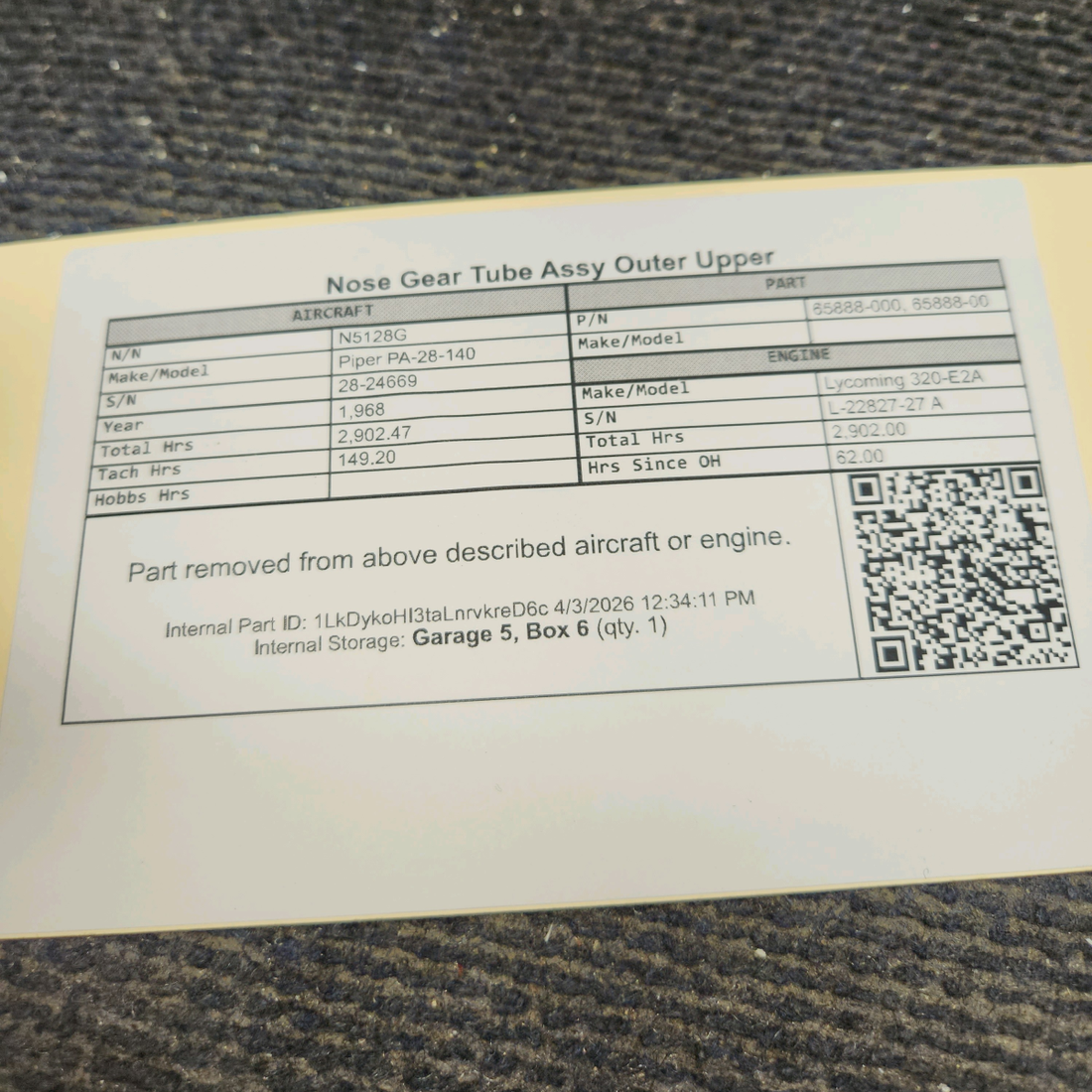 Used aircraft parts for sale, 65888-000 Piper PA-28-140 Nose Gear Outer Upper Tube Assembly