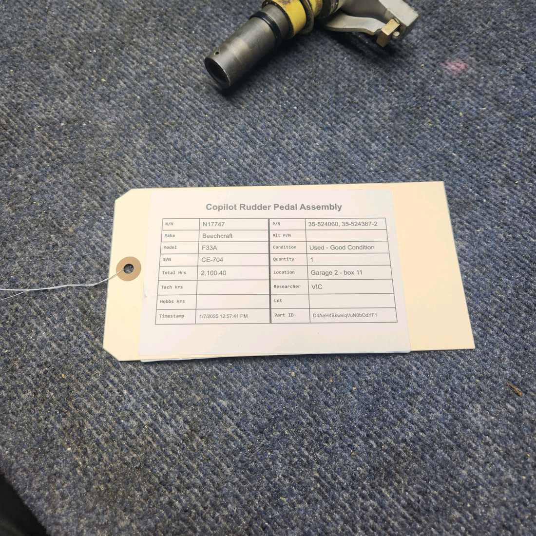 Used aircraft parts for sale, 35-524060, 35-524367-2 Beechcraft F33A COPILOT RUDDER PEDAL ASSEMBLY