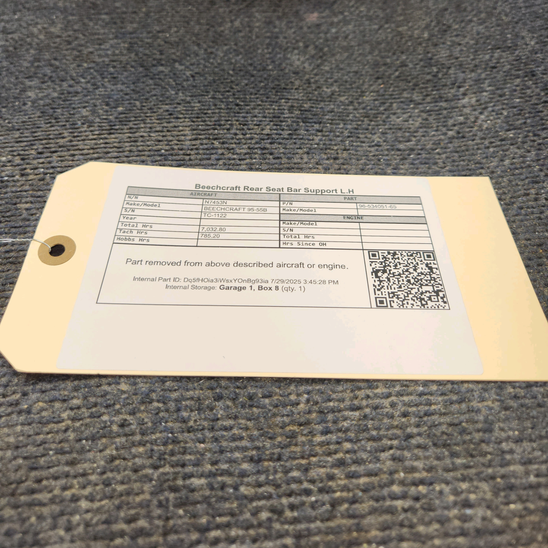 Used aircraft parts for sale, 96-534051-65 BEECHCRAFT 95-55B Rear Seat Bar Support - LH