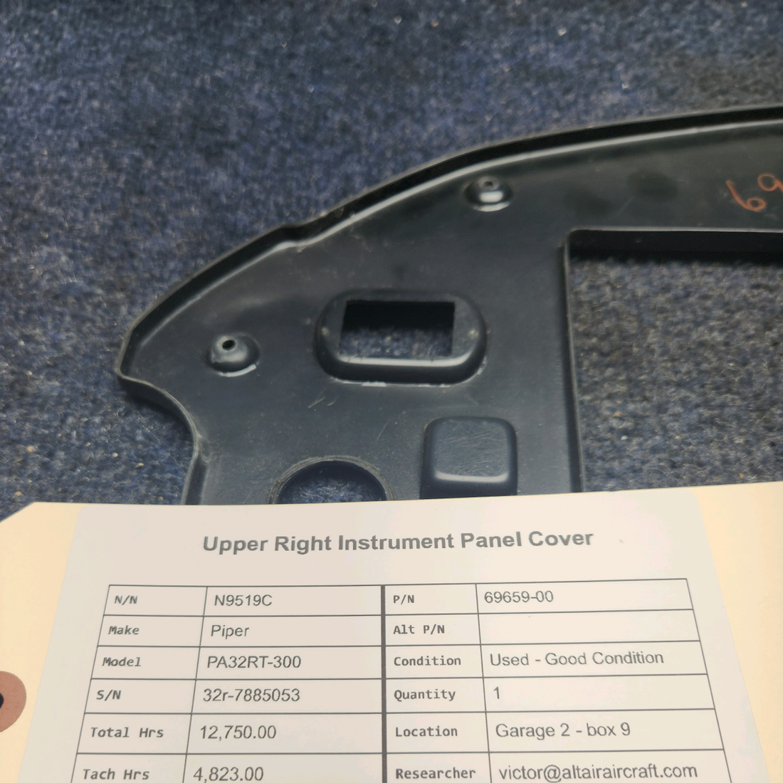Used aircraft parts for sale, 69659-00 Piper PA32RT-300 UPPER RIGHT INSTRUMENT PANEL COVER