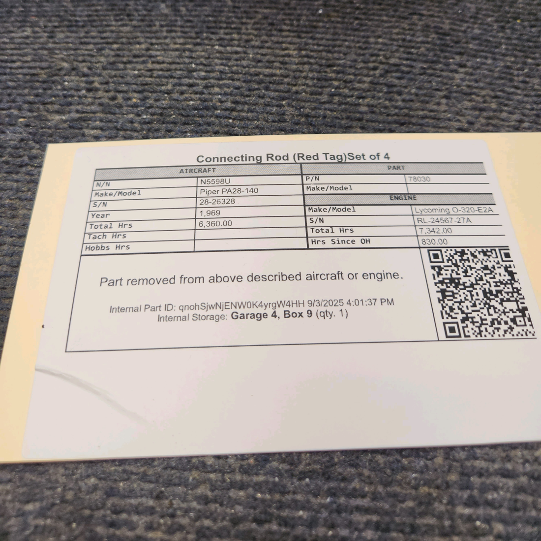 Used aircraft parts for sale, 78030 Lycoming O-320 Piper PA28-140 Connecting Rod (Red Tag)Set of 4