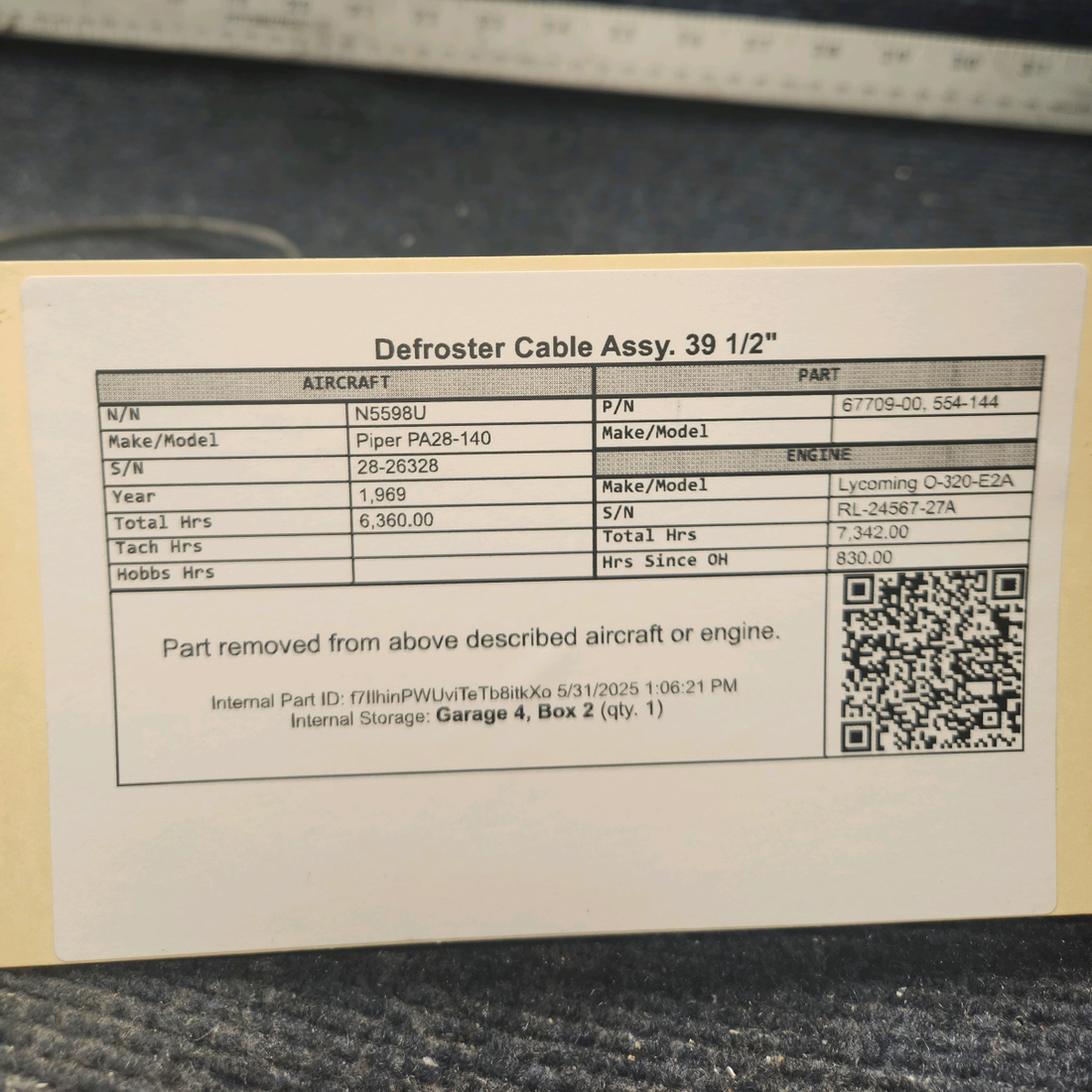 Used aircraft parts for sale, 67709-000 Piper PA28-140 Defroster Cable Assy. 39 1/2"