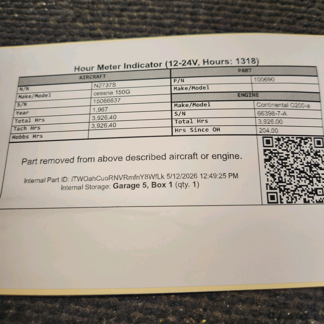 Used aircraft parts for sale, 100690 Datcon Instruments 873 cessna 150G Hour Meter Indicator – 12–24V, 1,318 Hours